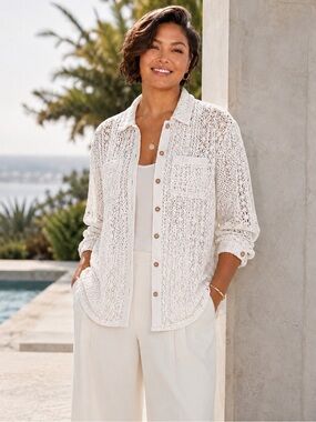 PALMS AWAY WOMENS WHITE LONG SLEEVE CROCHETED BUTTON UP SHIRT SIZE XS